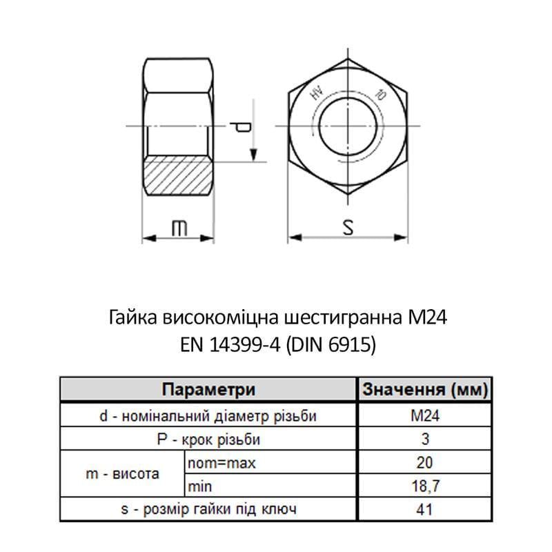 Гайка шестигранная VARVIT M24 EN14399/4 сталь 10 шаг 3 под ключ 41 мм без покрытия 10 шт. (6HV0000006HV2400E0) - фото 2