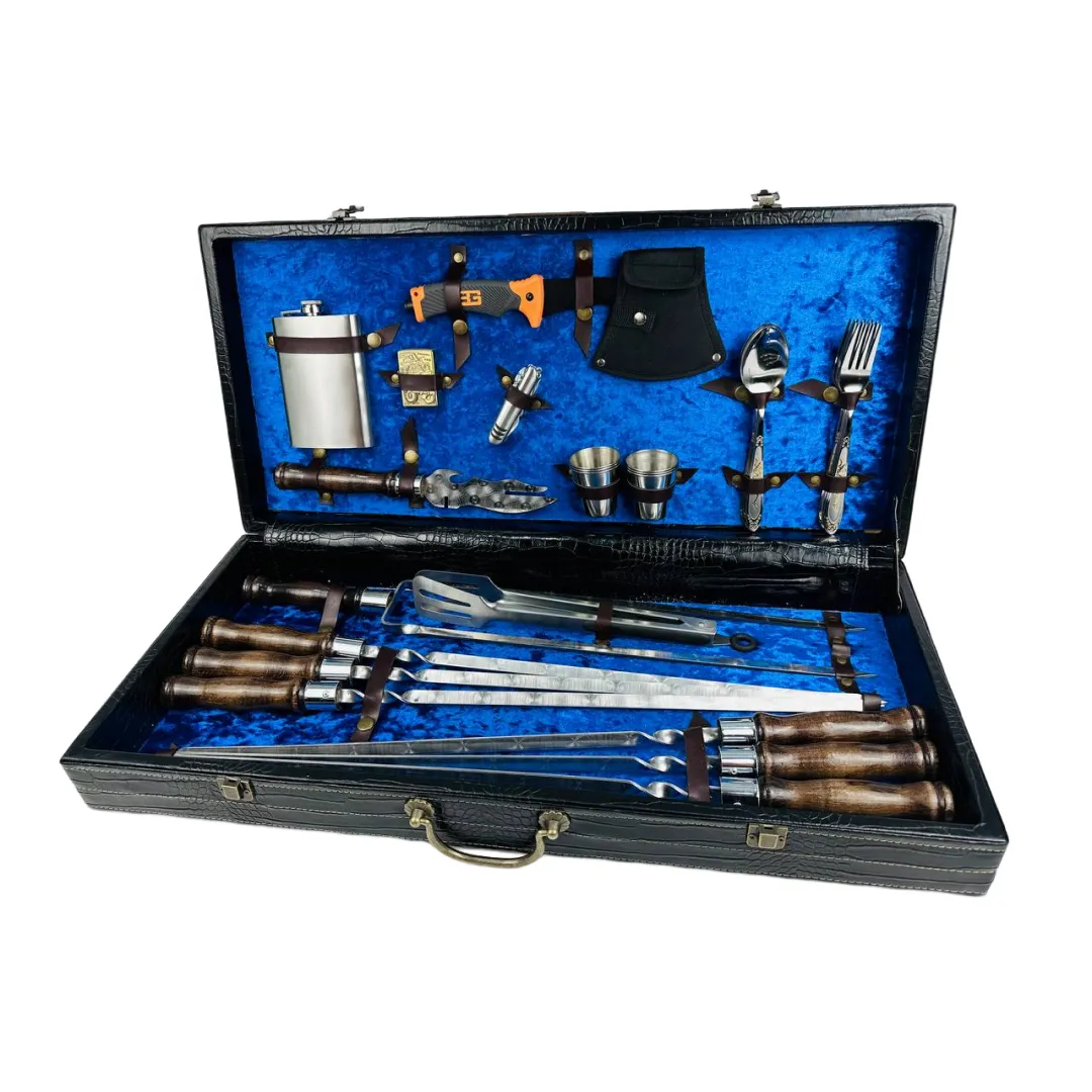 Набор шампуров в кейсе VIP 8 кожаный из нержавеющей стали (2-10-KS-7308)