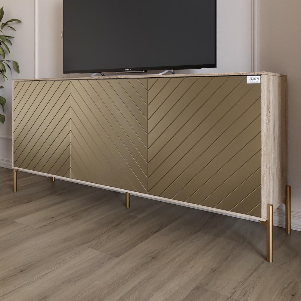 Тумба под телевизор Lion Амарант с золотыми металлическими ножками 168x40x76,5 см Дуб сонома/Перламутровый металлик (000-000-2392)