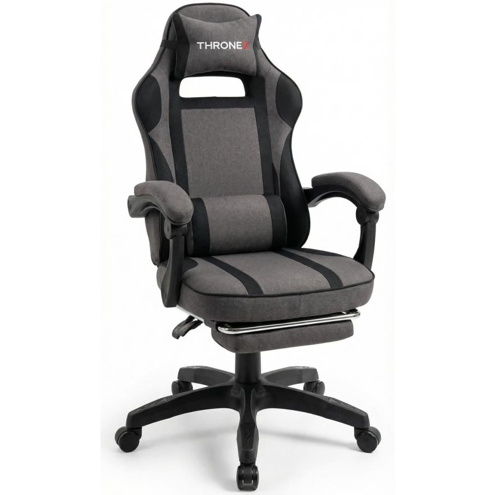 Кресло геймерское дизайнерское ThroneX тканевое с массажной подушкой/подножкой до 130 кг Темно-серый с черным (linen 006)