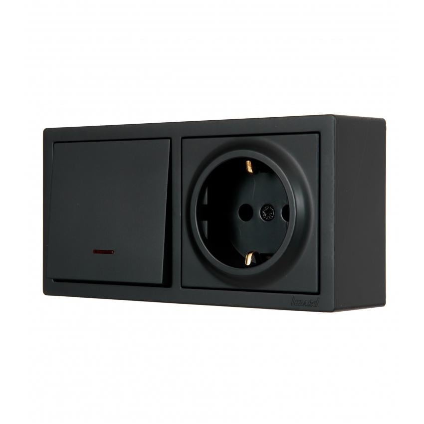 Вимикач одноклавішний Lezard Leto та розетка одинарна з заземленням та підсвіткою Антрацит (752-4200-170BKP)