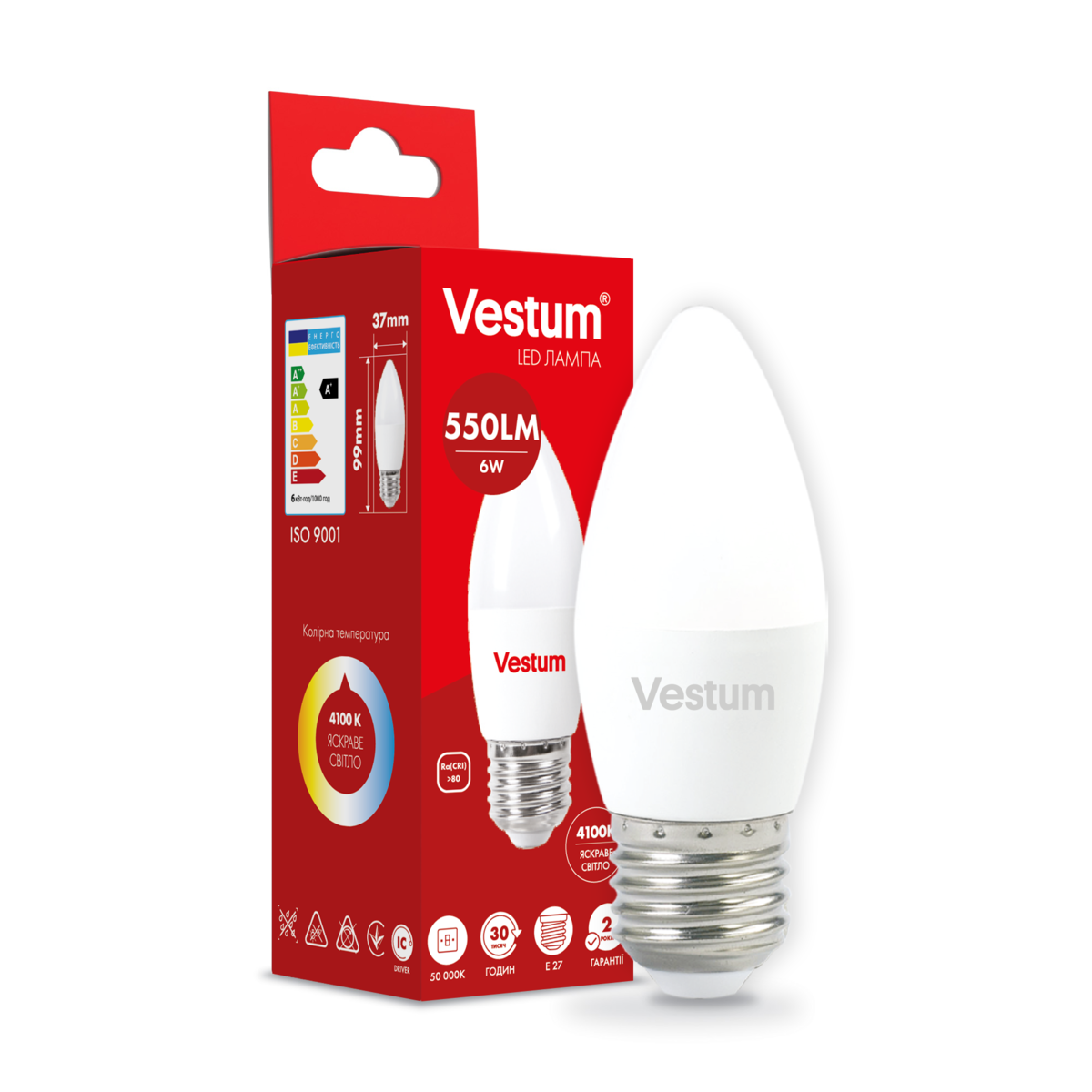 Светодиодная лампа Vestum C37 6W 4100K 220V E27 (1-VS-1301)