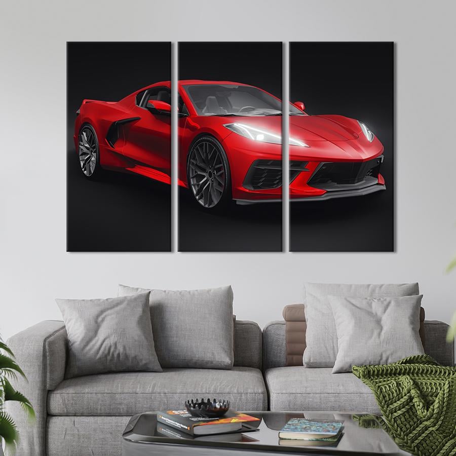 Картина на холсте триптих Авто Chevrolet Corvette в красном цвете 78x48 см (1408-31)