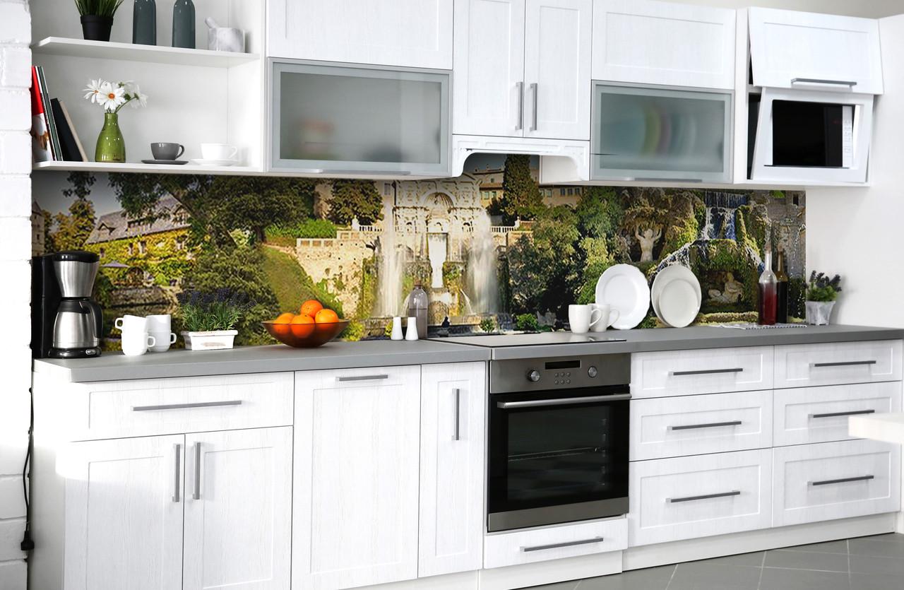 Кухонный фартук Замок с фонтаном из самоклеющейся виниловой пленки 60х300 см Зеленый