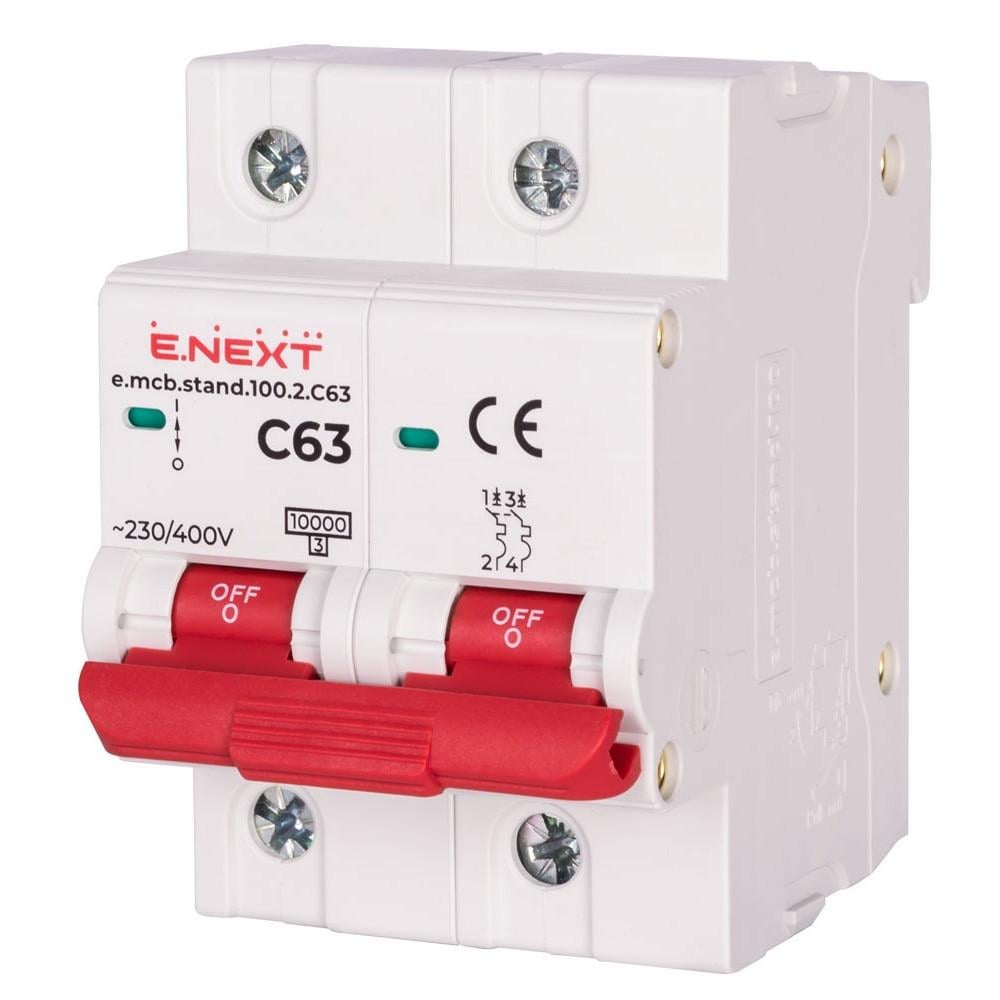 Автоматический выключатель E.NEXT модульный e.mcb.stand.100.2.C63 2 полюса 63А тип C 10кА s002208 (54520)