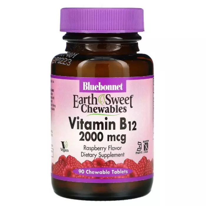 Витамин В12 2000 мкг Bluebonnet Nutrition Earth Sweet Chewables вкус малины 90 жевательных таблеток (BLB0436)