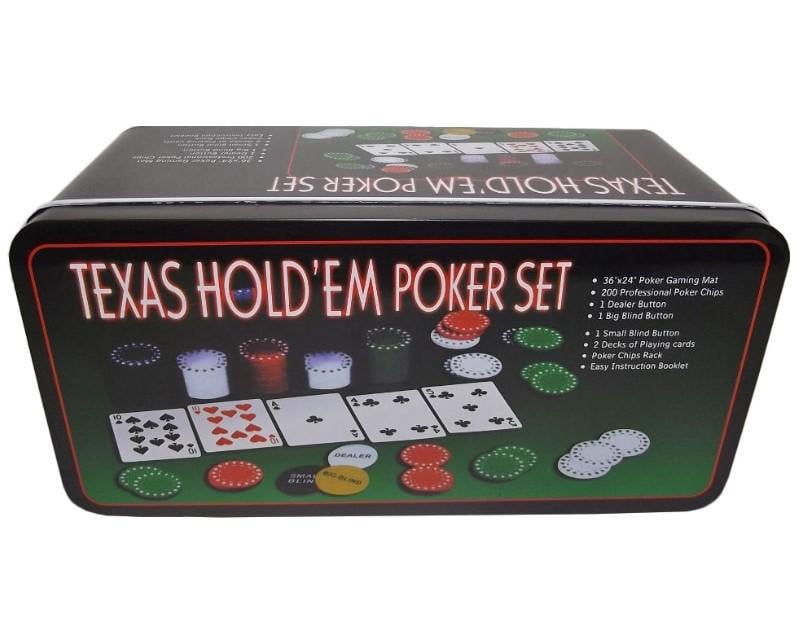 Набор для покера Texas Holdem Poker Set 200 фишек с номиналом и сукном в коробке (1287693595)