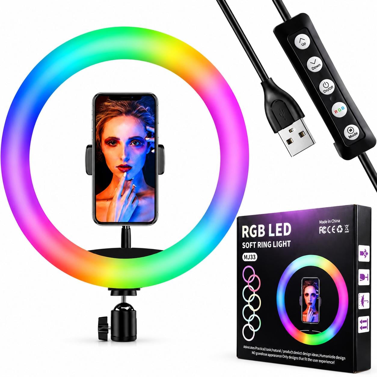 Лампа кольцевая LED RGB MJ-33 цветная с держателем для телефона 33 см (376385)