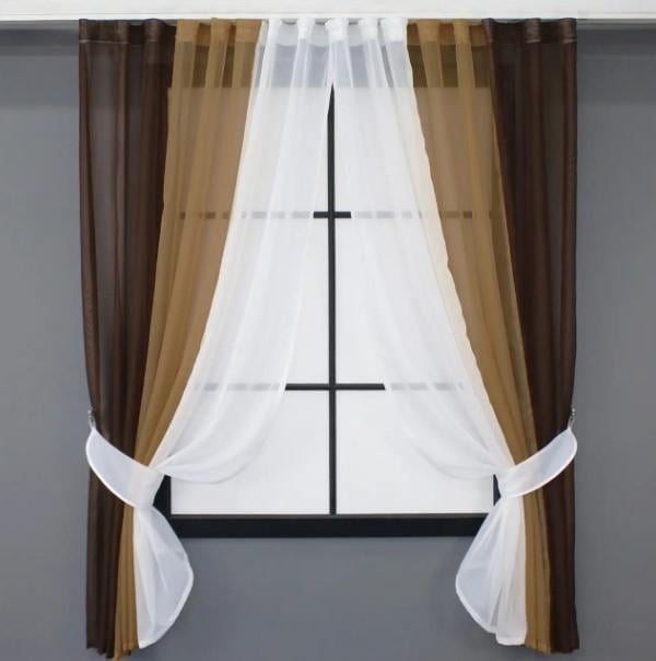 Комплект штор на кухню с подвязками 400х170 см Венге/Кофейный/Белый (054к) Комплект штор на кухню с подвязками 400х170 см Венге/Кофейный/Белый (054к)