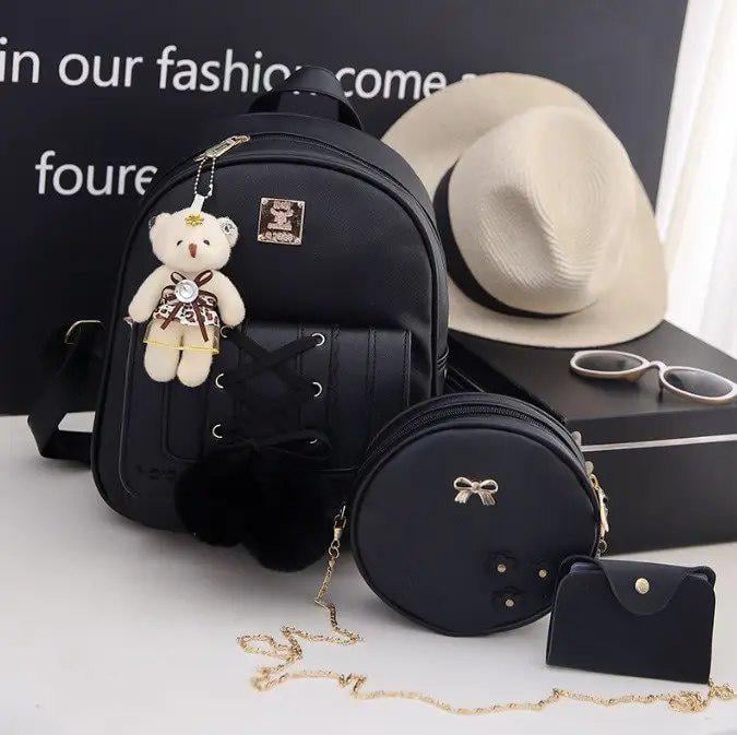 Шкільний рюкзак підлітковий 4в1 сумка на ланцюжку/візитниця та брелок-ведмедик Чорний Шкільний рюкзак підлітковий 4в1 сумка на ланцюжку/візитниця та брелок-ведмедик Чорний