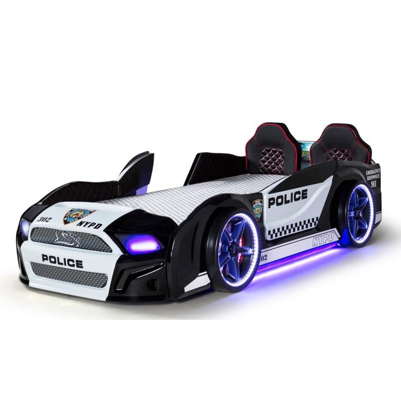 Ліжко-машина Super Car Мустанг Поліція зі шкіряними сидіннями та звуковими ефектами/пульт ДК Чорний/Білий