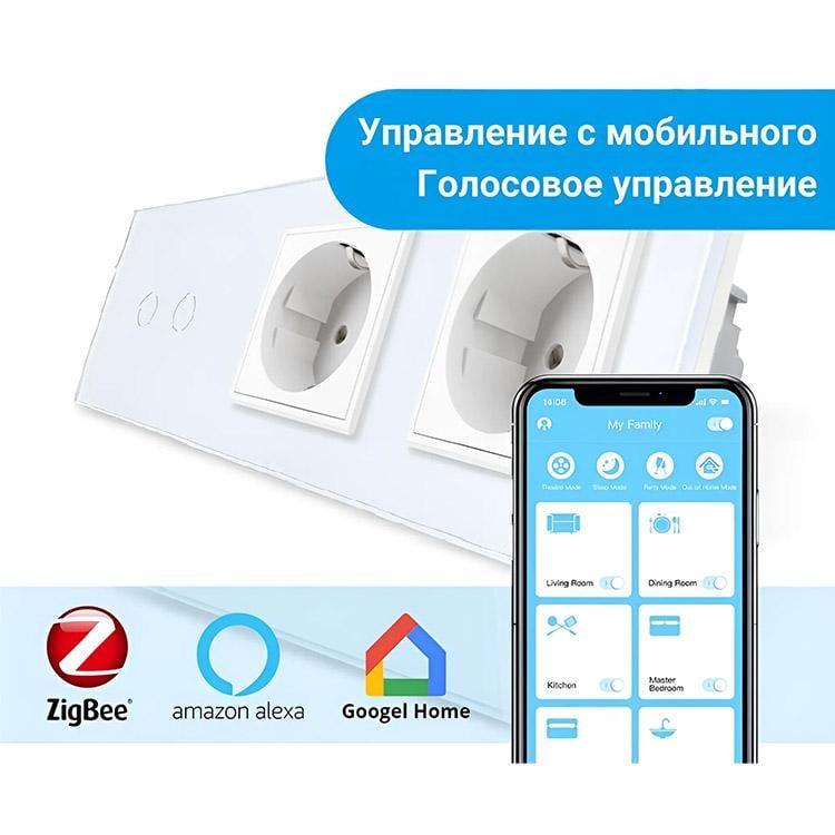 Вимикач сенсорний Livolo ZigBee Wi-Fi 2 канала із двома розетками скляний Білий (VL-C702Z/C7C2EU-11) - фото 2