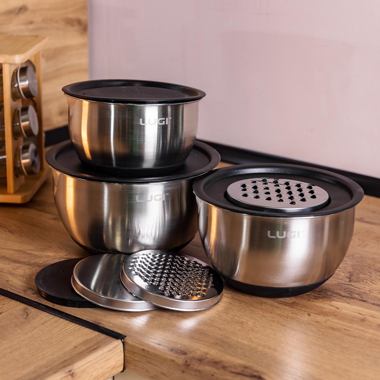 Набор мисок из нержавеющей стали с крышками и терками салатники из нержавейки 3 шт. 2,5л/2л/1,5л