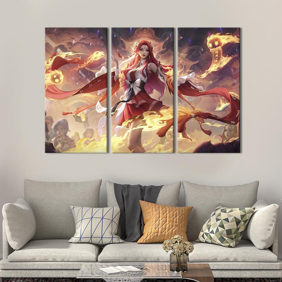 Картина на полотні триптих Аніме-дівчинка памперсів і дух вогню 128x81 см (1491-31)