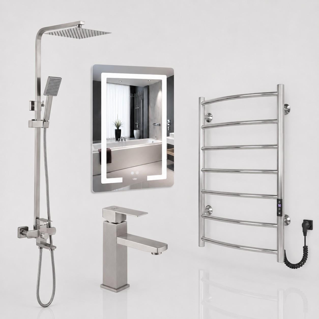 Комплект для ванної Lidz Kubis Nickel 4в1/душова система/змішувач/LED-дзеркало та рушникосушарка