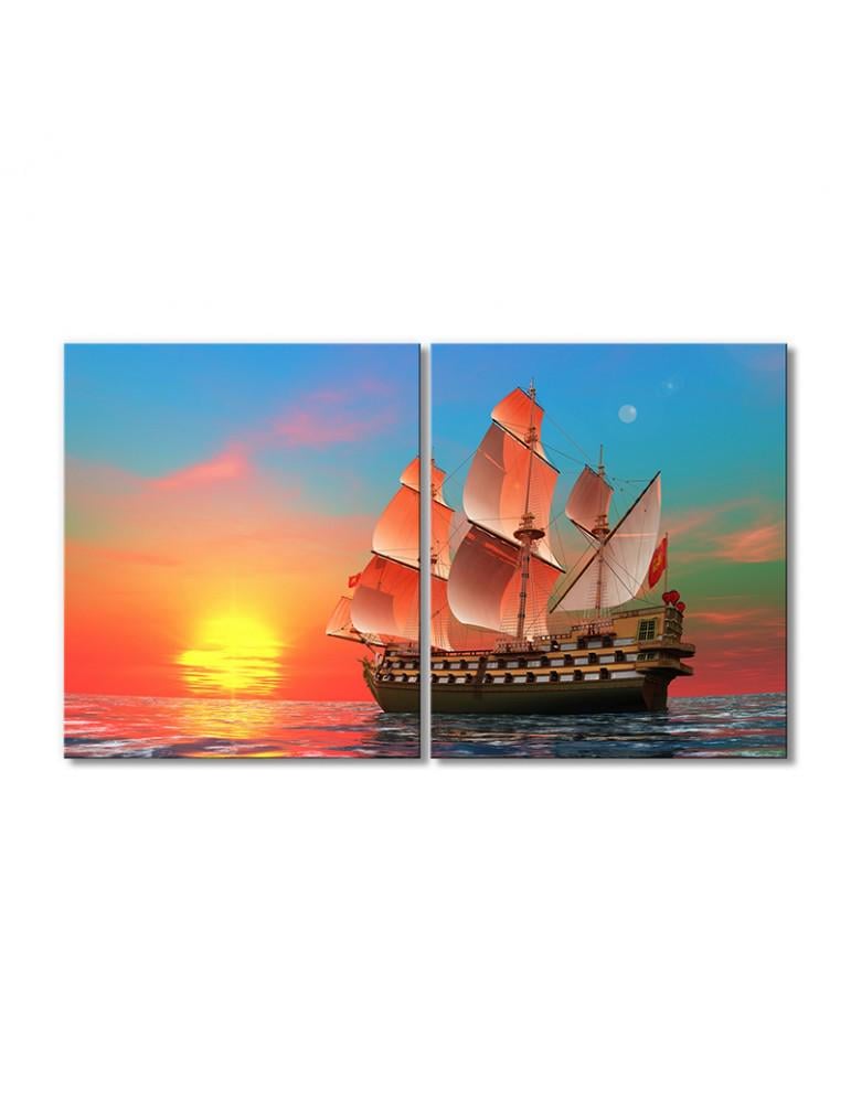 Картина модульная Радужный закат и корабль с парусами 2 модуля 90x135 см