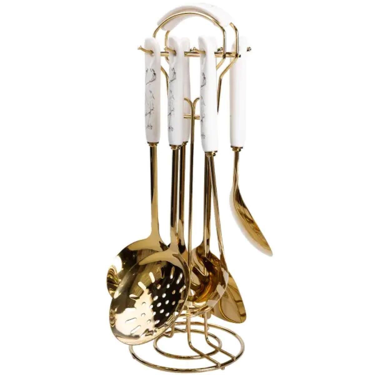 Набір кухонного приладдя на підставці HP-20-7 7 предметів Золотий/Білий (A-033704) Набір кухонного приладдя на підставці HP-20-7 7 предметів Золотий/Білий (A-033704)