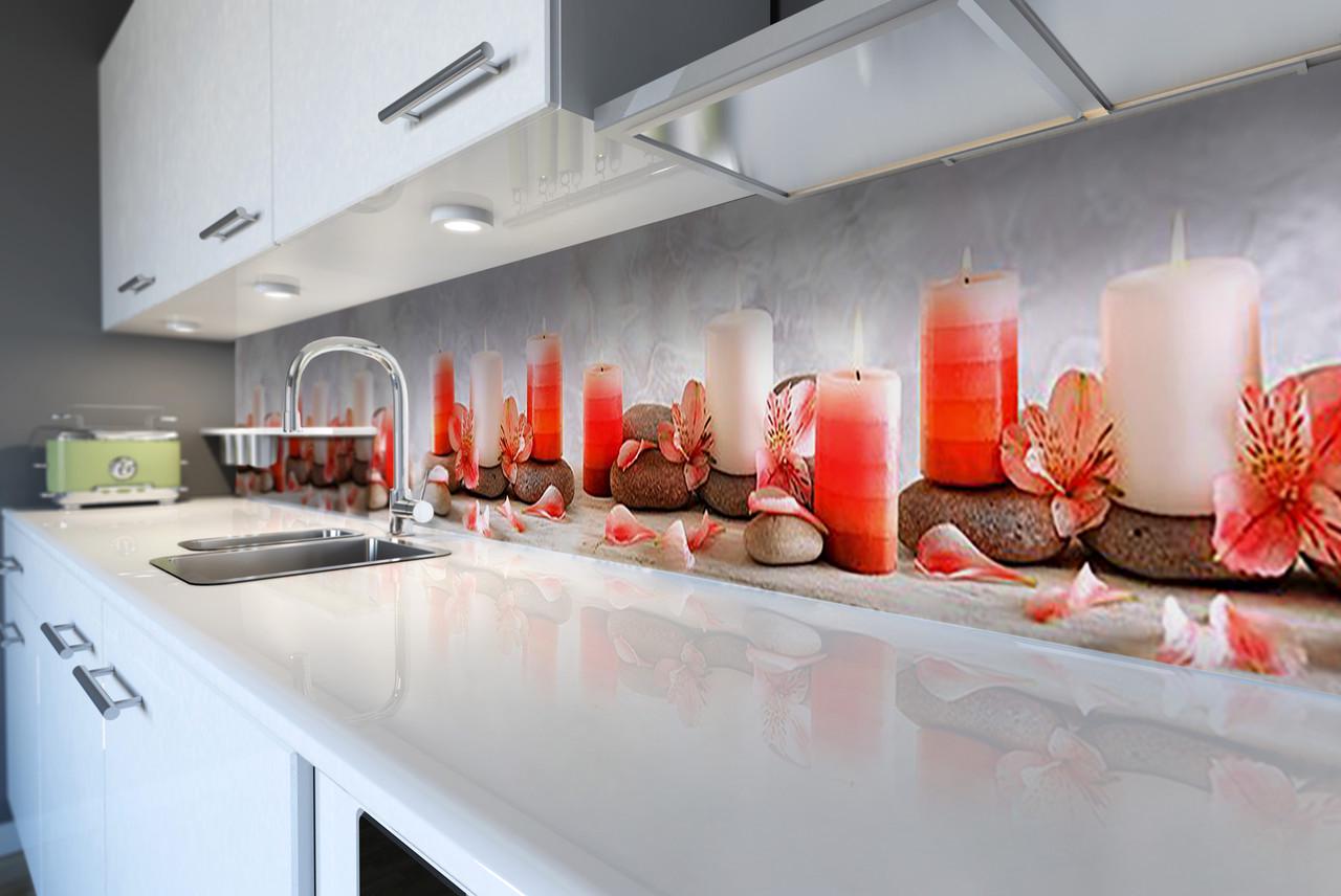 Кухонный фартук Нежные свечи и цветы из самоклеющейся виниловой пленки 60х300 см Красный