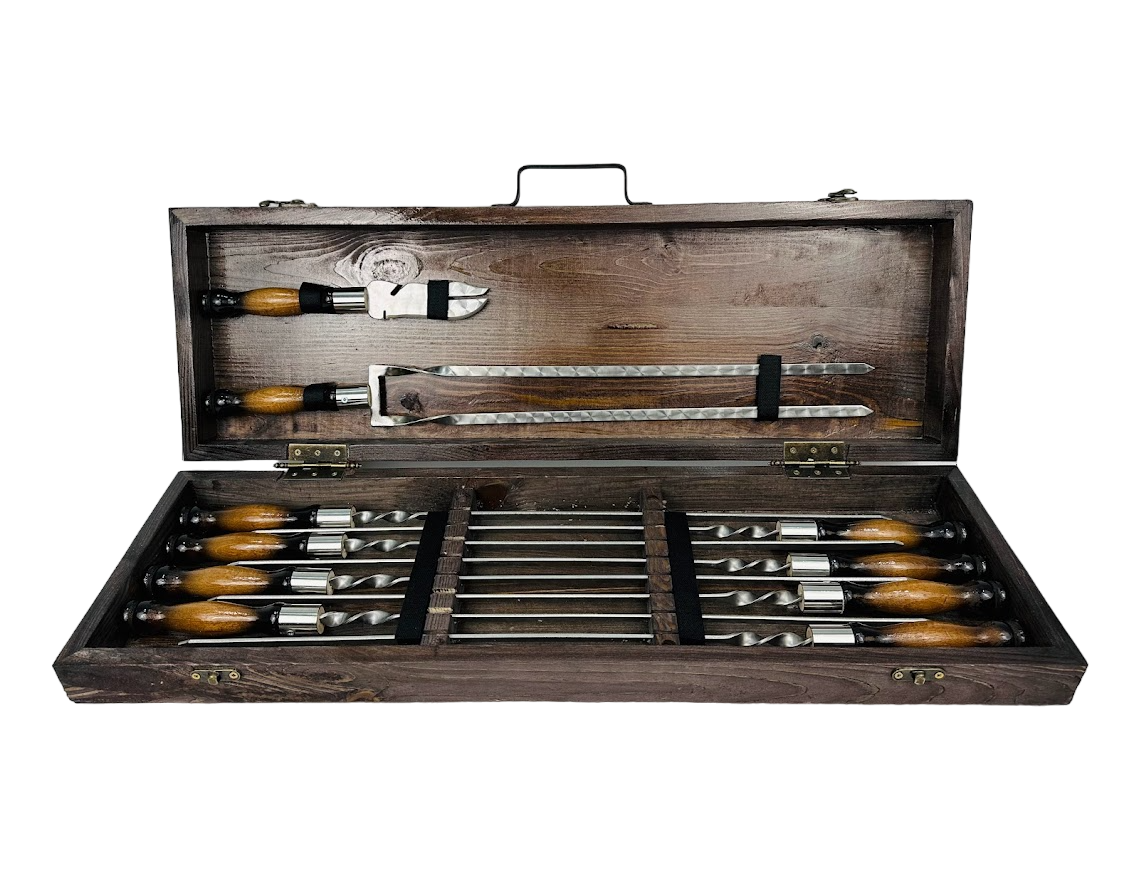 Набор шампуров подарочный Премиум в деревянном кейсе на 10 предметов (160-10-KS-7612)