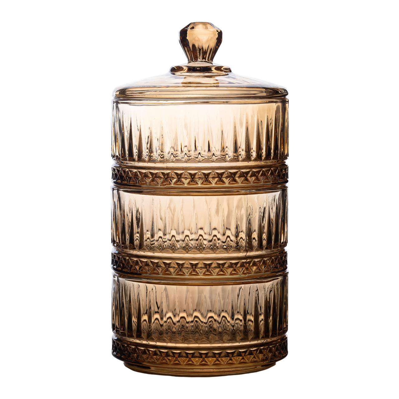 Цукерниця триярусна скляна з кришкою кругла Ø 10 см Коричневий