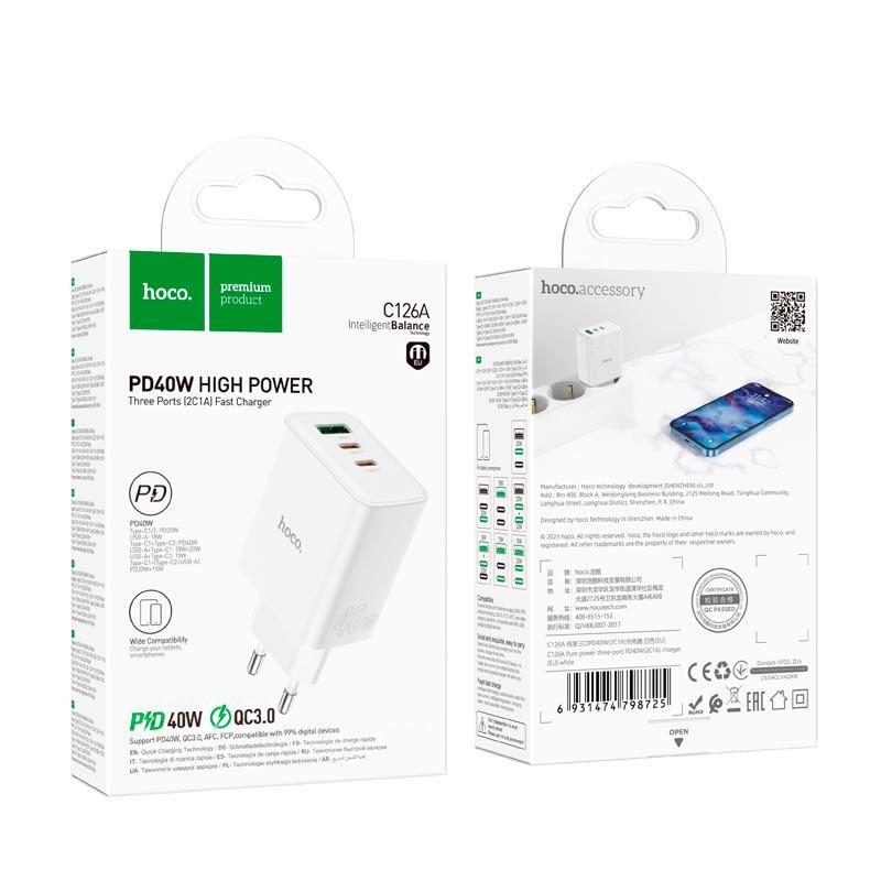 Зарядное устройство сетевой Hoco Pure power three-port C126A USB 2Type-C 40 W 3 A (584775) - фото 5