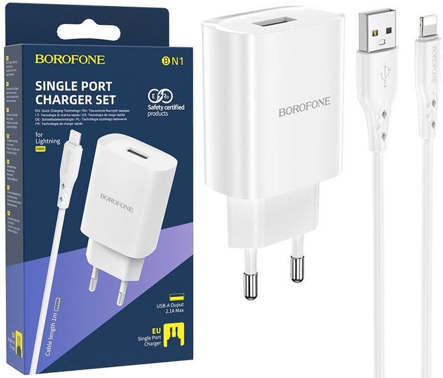 Пристрій зарядний Borofone BN1 1 USB 2,1A кабель Lightning White (36753) Пристрій зарядний Borofone BN1 1 USB 2,1A кабель Lightning White (36753)