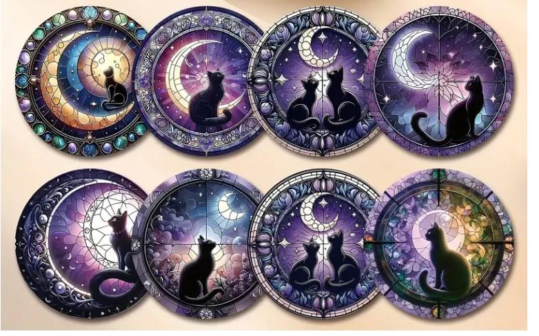 Набор деревянных подставок под чашки Кот на месяце 8 шт