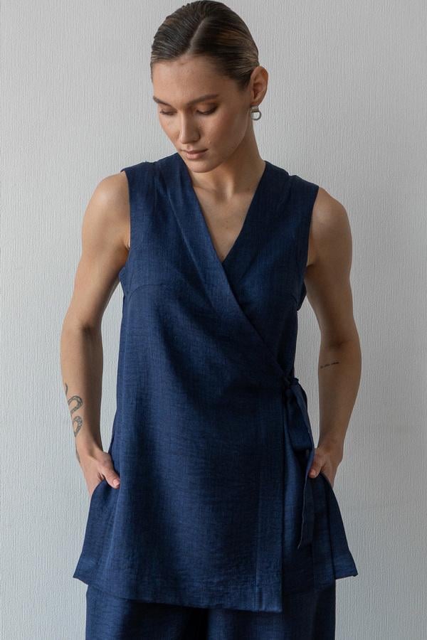 Топ удлиненный Forly Denim на запах из льна M/L Синий (LN0093-13-70_M/L)