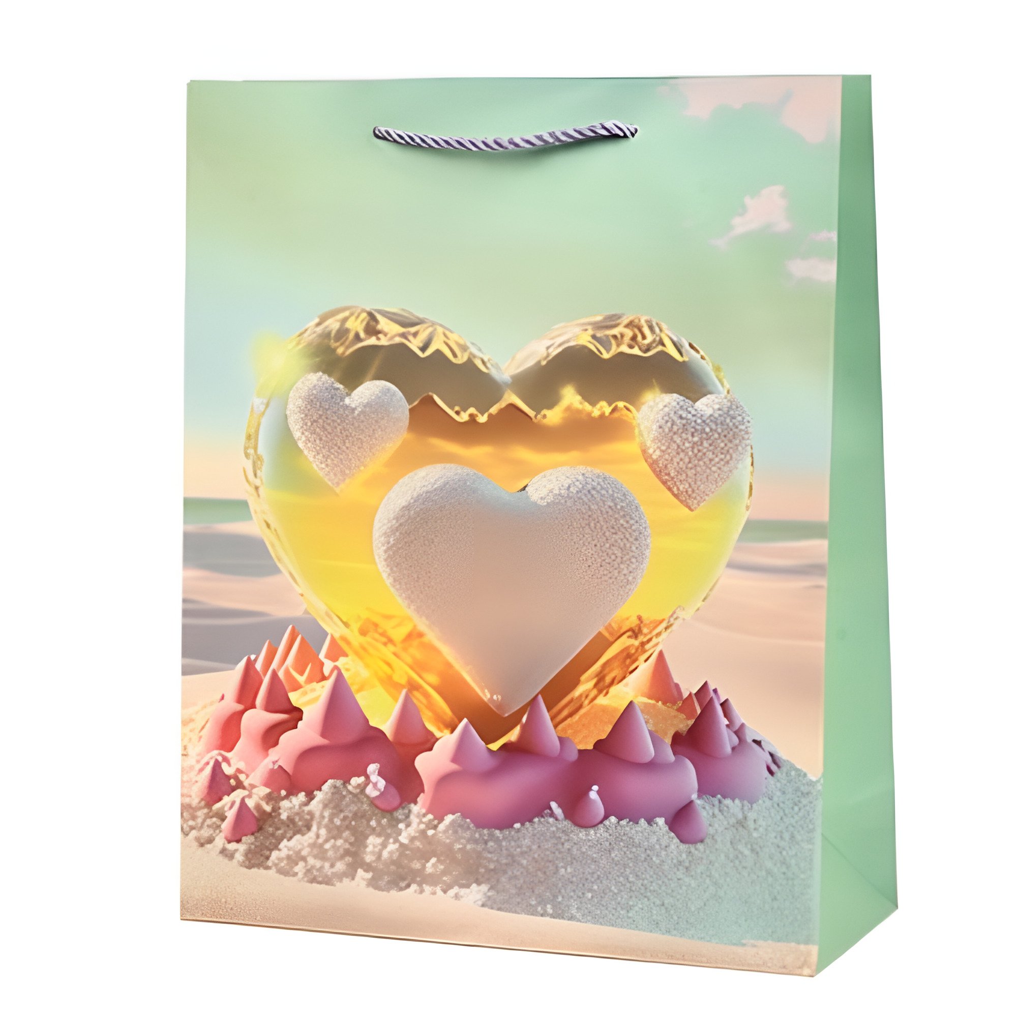 Подарочный пакет с ручками Stenson Hearts 26х32х10 см Мятный (R94939-M)