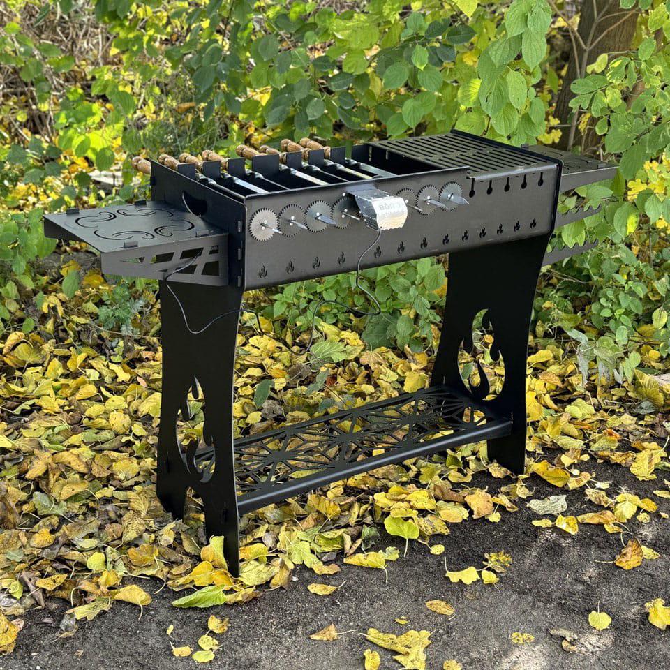 Мангал розбірний автоматичний Фест на 8 шампурів з решіткою та полицями з термостійкого металу 4 мм