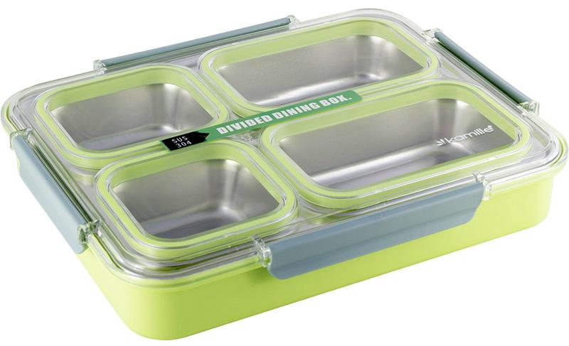 Ланч-бокс Kamille Snack 1800 мл на 4 секции пластик и нержавеющая сталь Зеленый (KM-2147GR)