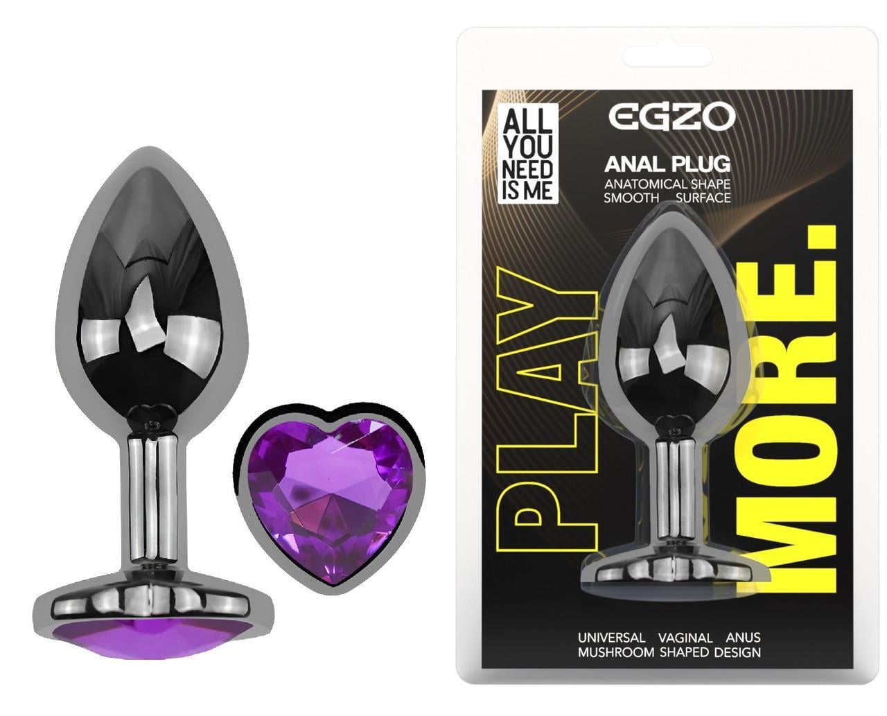 Анальная пробка с кристаллом EGZO Dark Silver Heart Plug Purple M (2897669897)