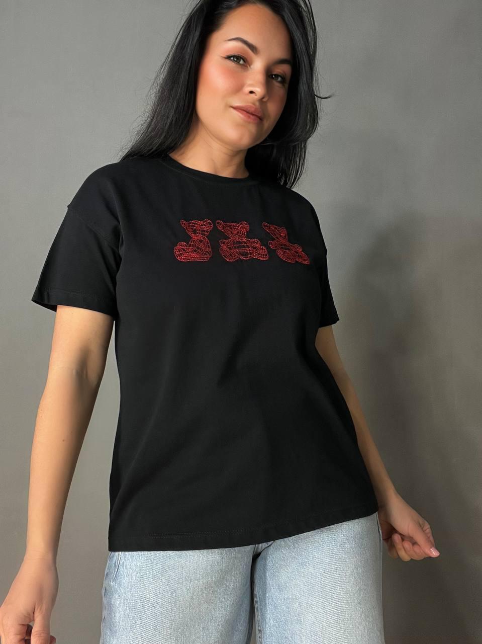 Футболка жіноча PEPPER MINT BX24-68 вишивка три ведмедика S Чорний (1425)