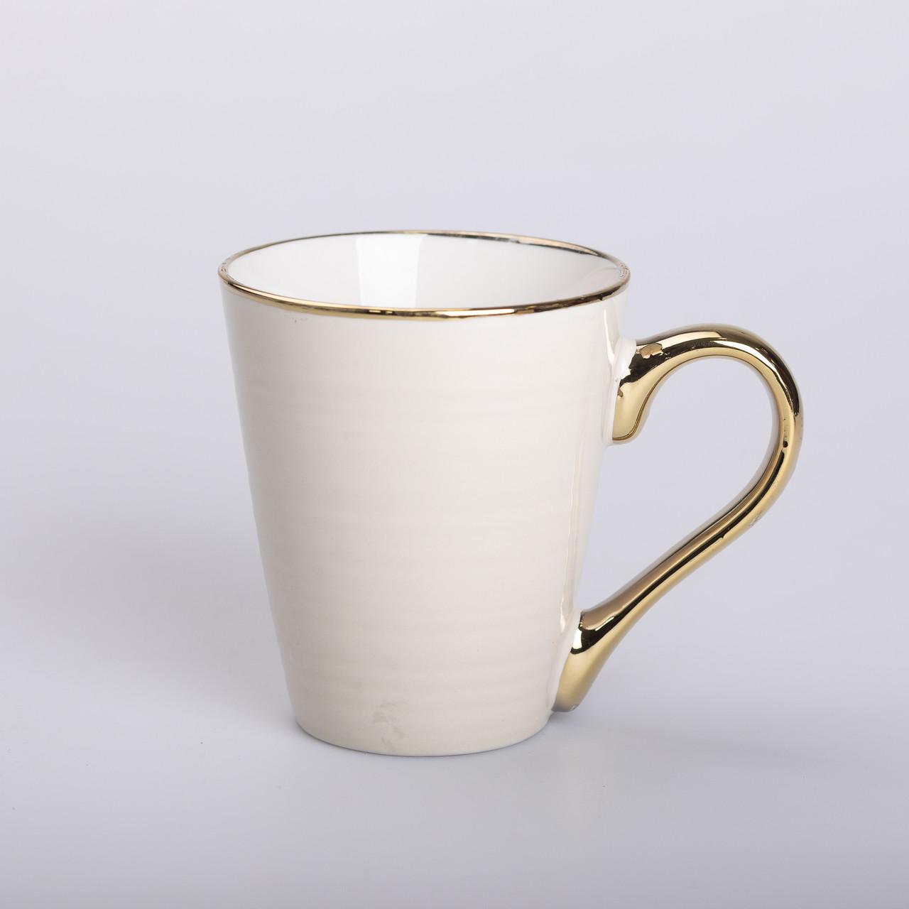 Чашка керамическая с золотым ободком и позолоченной ручкой 320 мл Бежевый