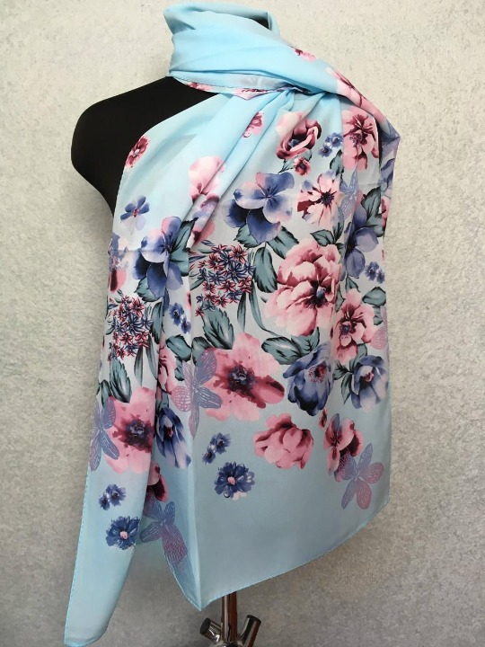 Шарф шифоновый с орхидеями Голубой (ШарфШиф9)
