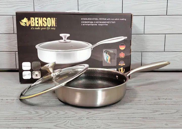 Сковорода глубокая Benson BN-586 с антипригарным покрытием и паровыпуском из нержавеющей стали 24см (opt-104117)