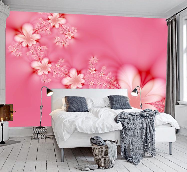 Фотообои 3D флизелиновые цветочные для спальни/зала/кухни Цветы на розовом фоне