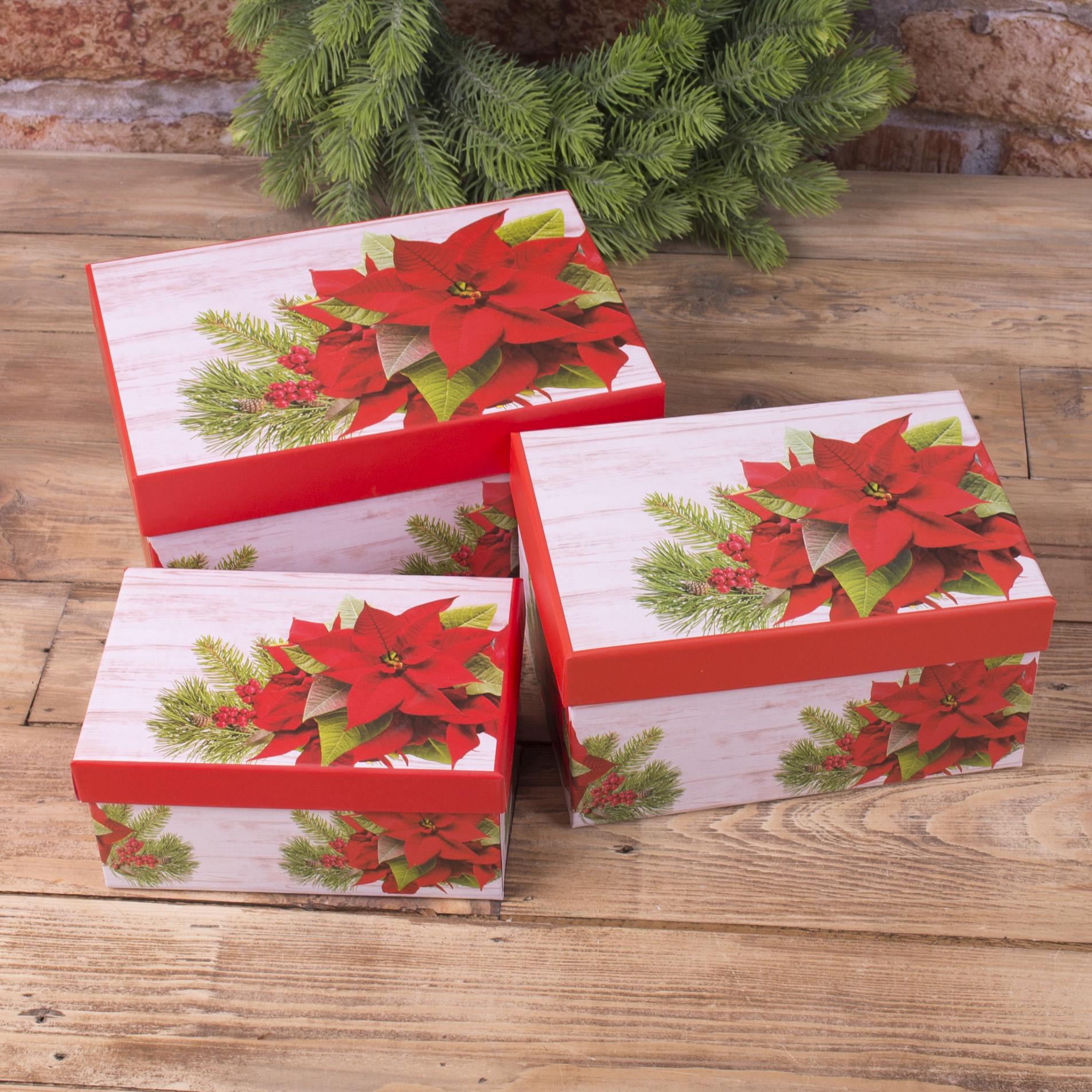 Коробки новогодние пуансетия набор 3 шт. 11/9/7 см (4221)
