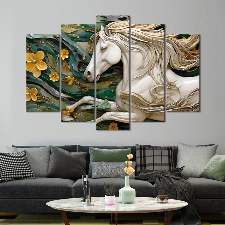 Картина на полотні Білий кінь на тлі квітів 137x85 см (V347-5_L)