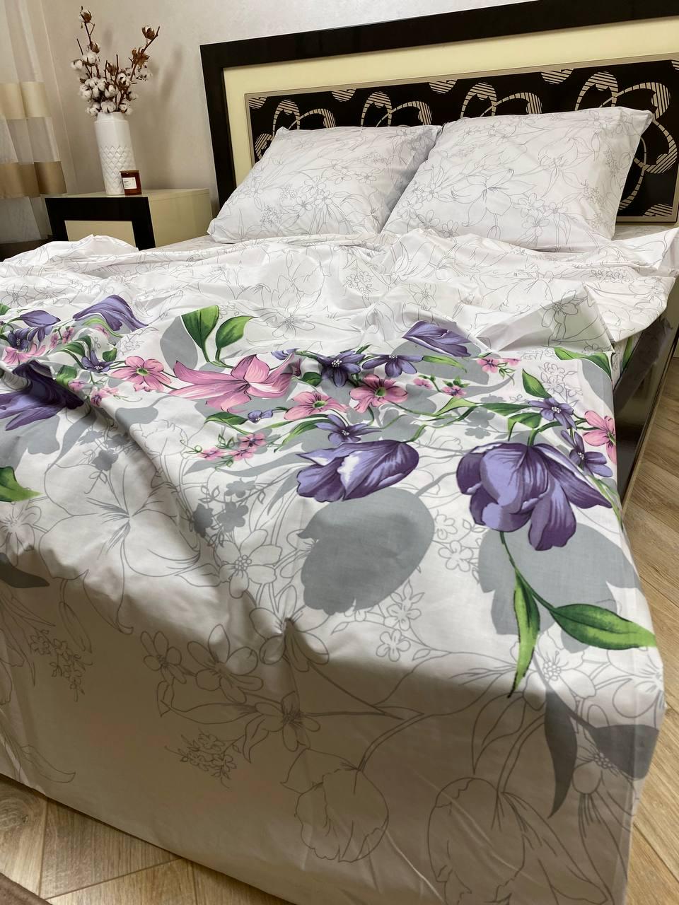 Комплект постельного белья Цветы 180x220 см двуспальный хлопковый 50х70 см Белый
