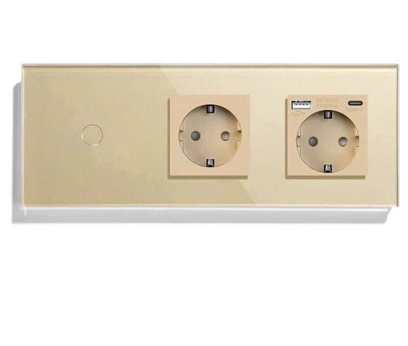 Выключатель умный LUXION сенсорный с розеткой USB A+C 20Вт с заземлением/шторками стекло Золотой