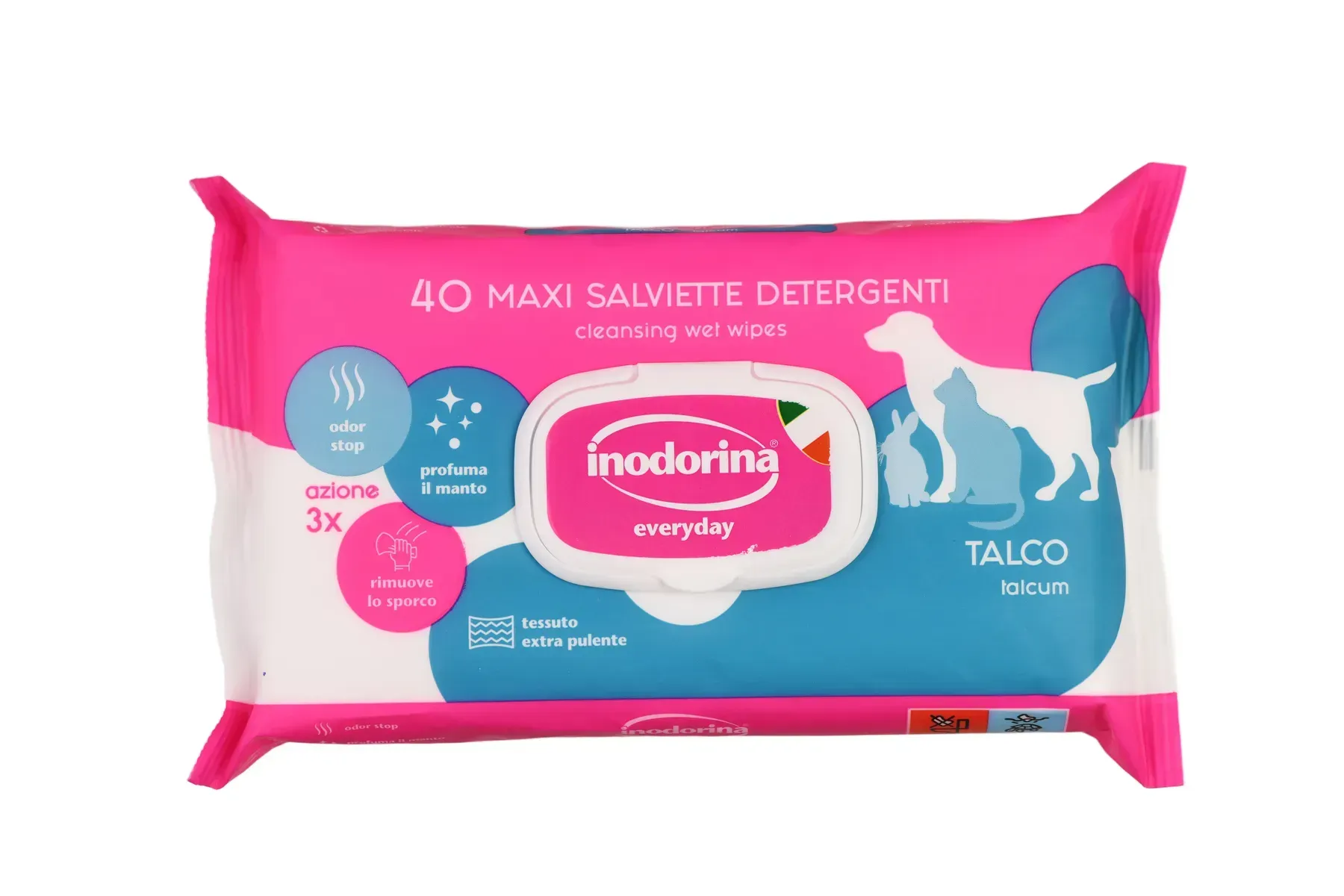 Вологі серветки для всіх типів вовни кішок/собак та кроликів Inodorina Everyday Talco з ніжним ароматом тальку 40 шт.