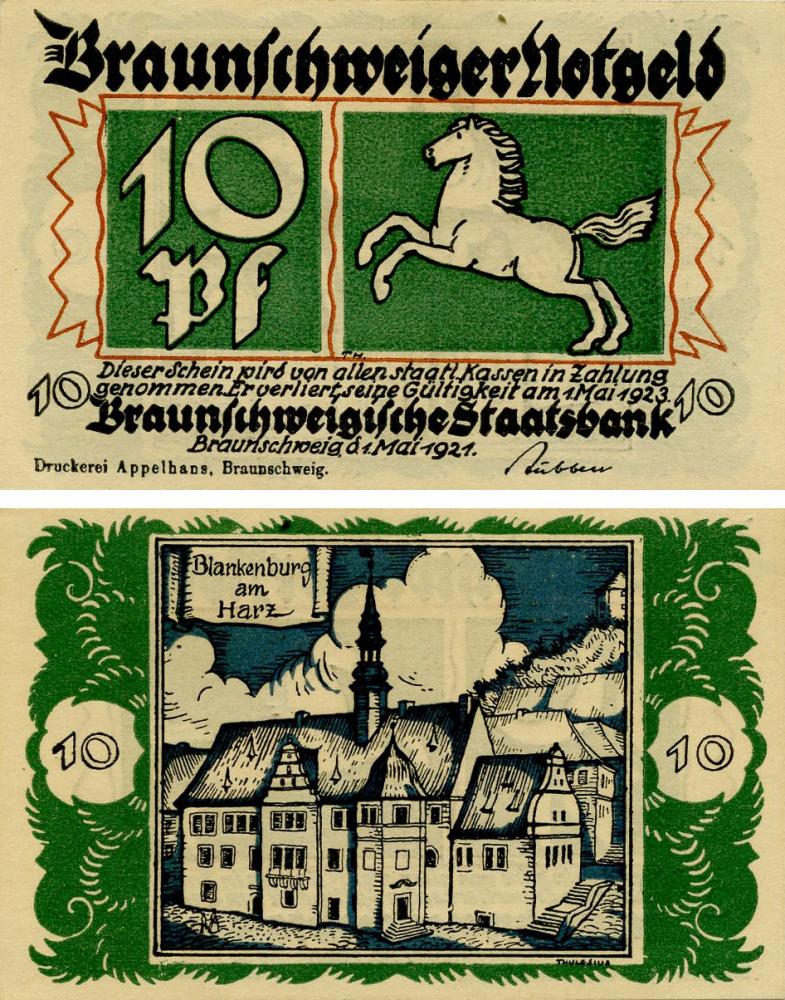 Коллекционная банкнота Германия Нотгельд 10 пфеннигов 1921 F-VF Брауншвайг Разновидность (Б16145)