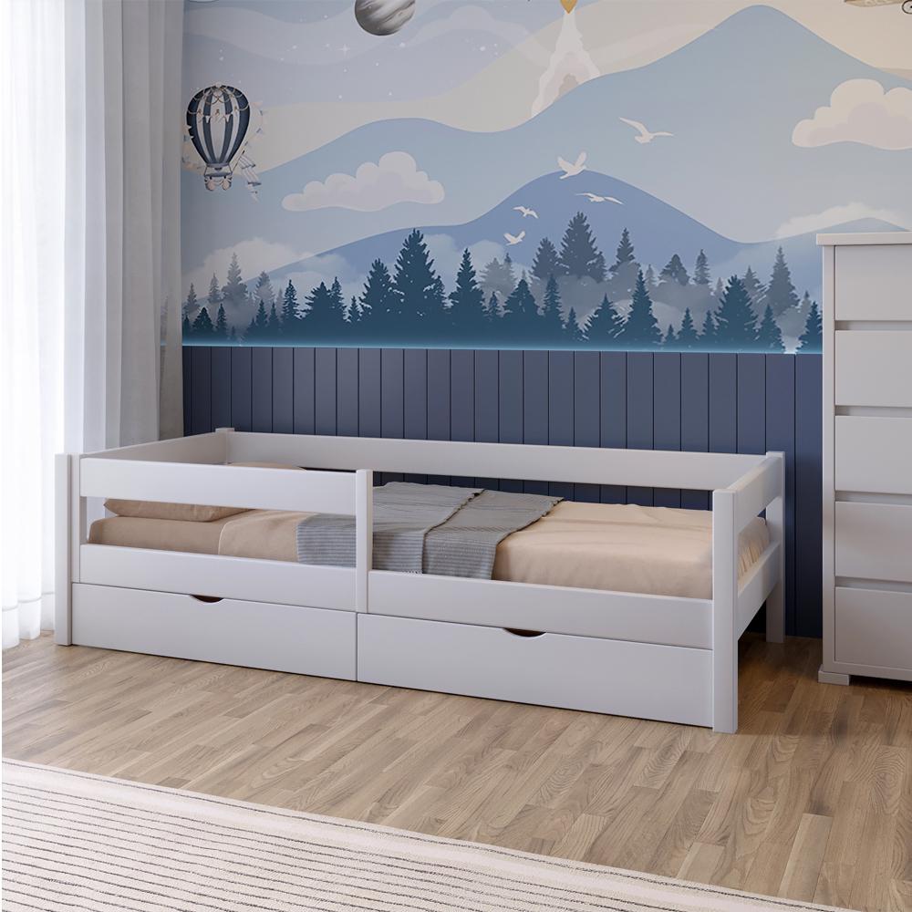 Кровать детская Mebigrand Атланта Литл RAL9003 бортики/ящики 80x200 см Белый (MBG-2695)