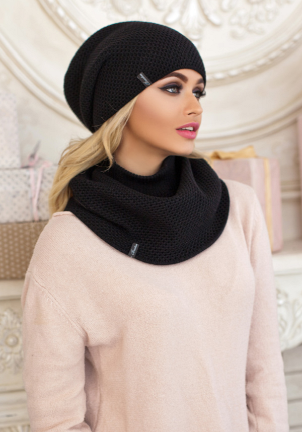 Комплект вязаная шапка и хомут женский Braxton Жаклин Черный (384W) - фото 1
