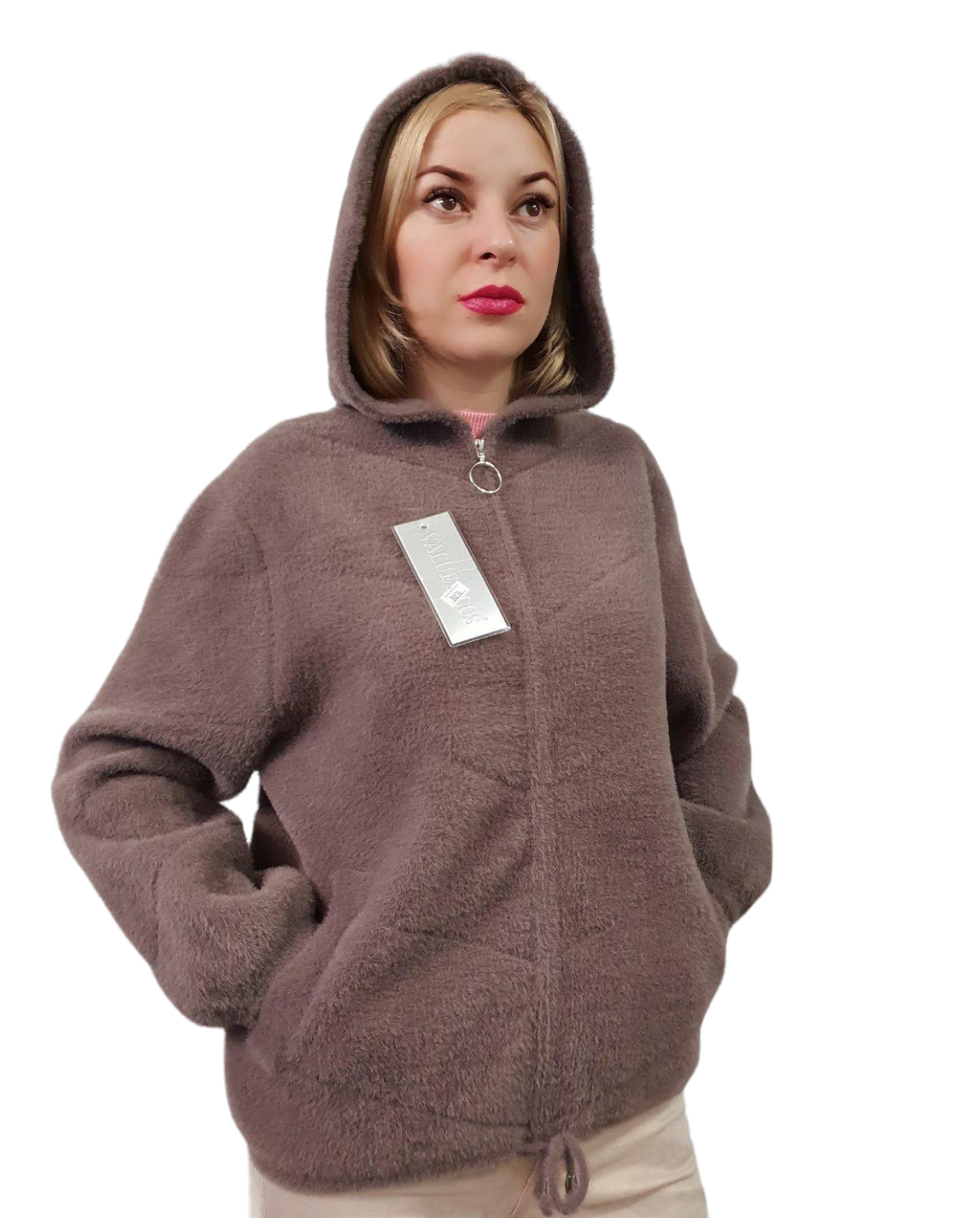 Пальто женское с капюшоном из шерсти альпака р. 46-50 Коричневый (8816)