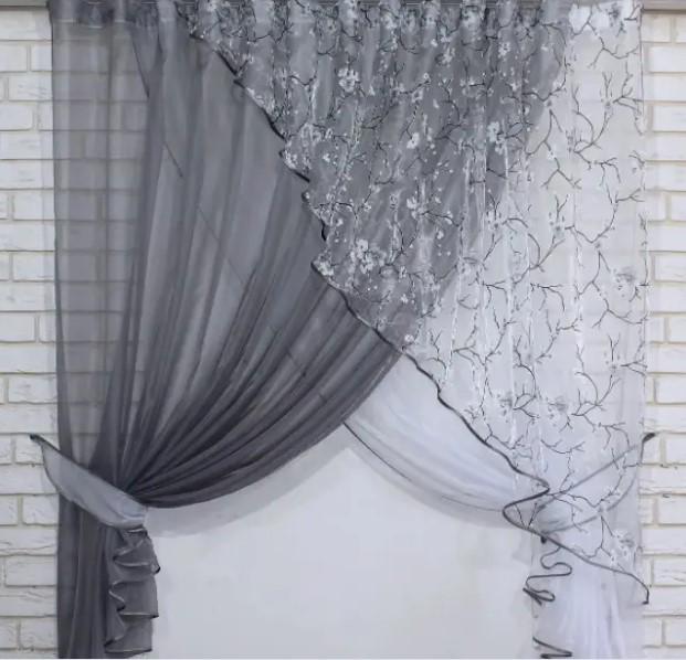 Комплект штор на кухню с подвязками 300х170 см Серый/Белый (063к 5)