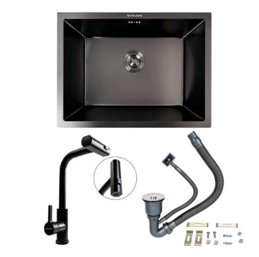 Кухонный комплект мойка Valeso Handmade 58x43 см PVD и смеситель XK09B PVD монтаж под столешницу Черный