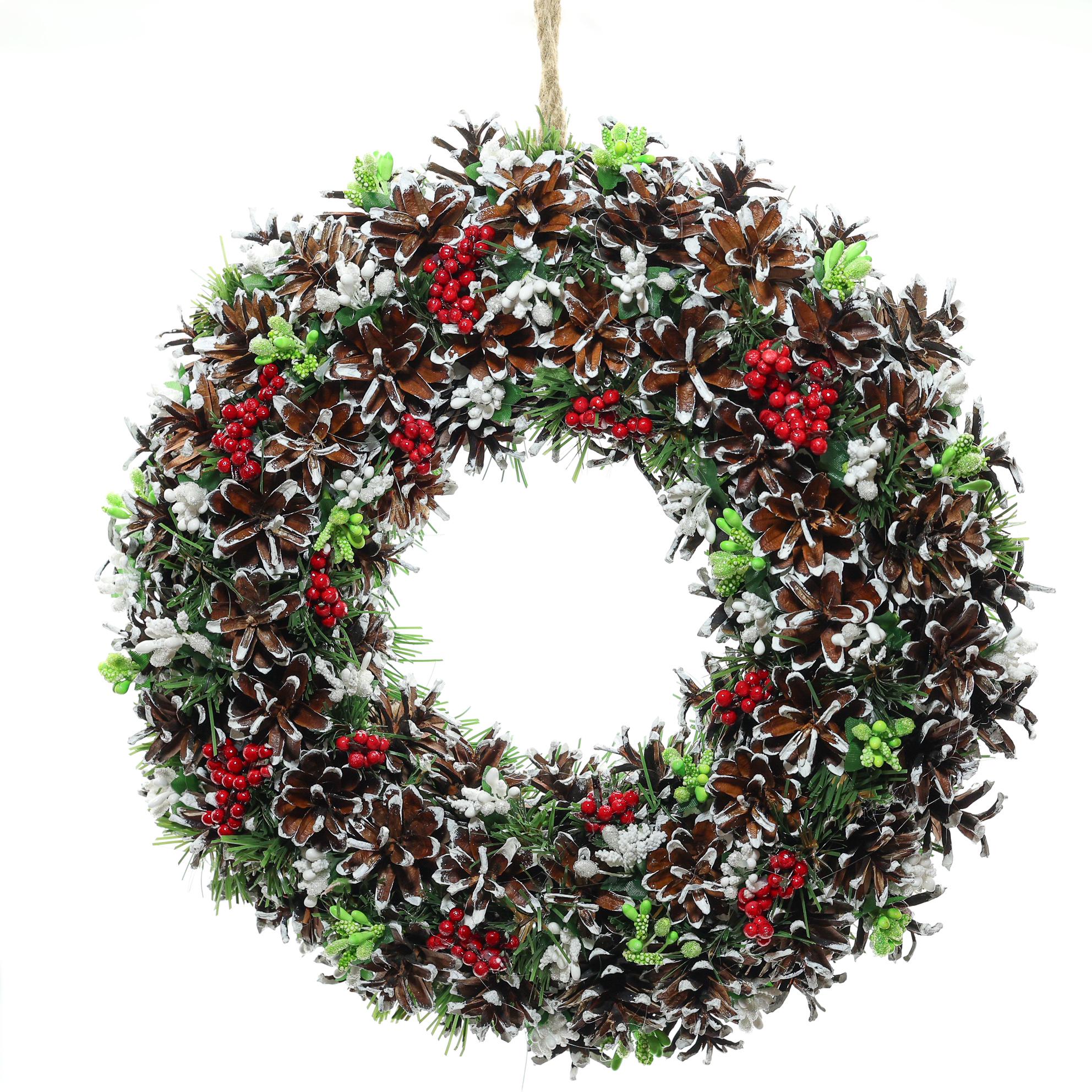 Рождественский венок ДАЙС из шишек ягод и тычинок 33 см Красный (В3020Р)