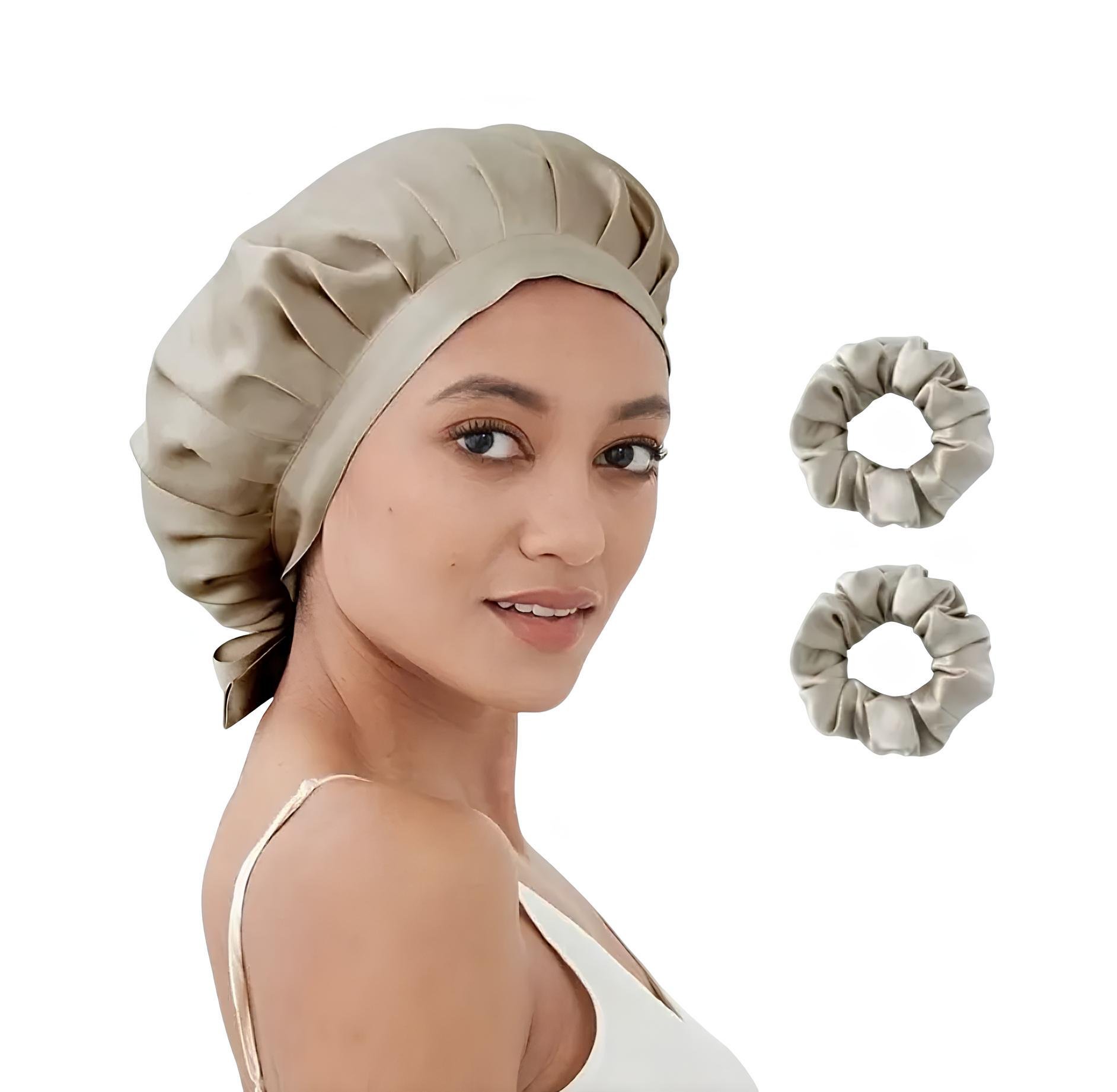 Шапочка для сна шелковая с мулберри и 2 большие шелковые резинки для волос Темно-бежевый